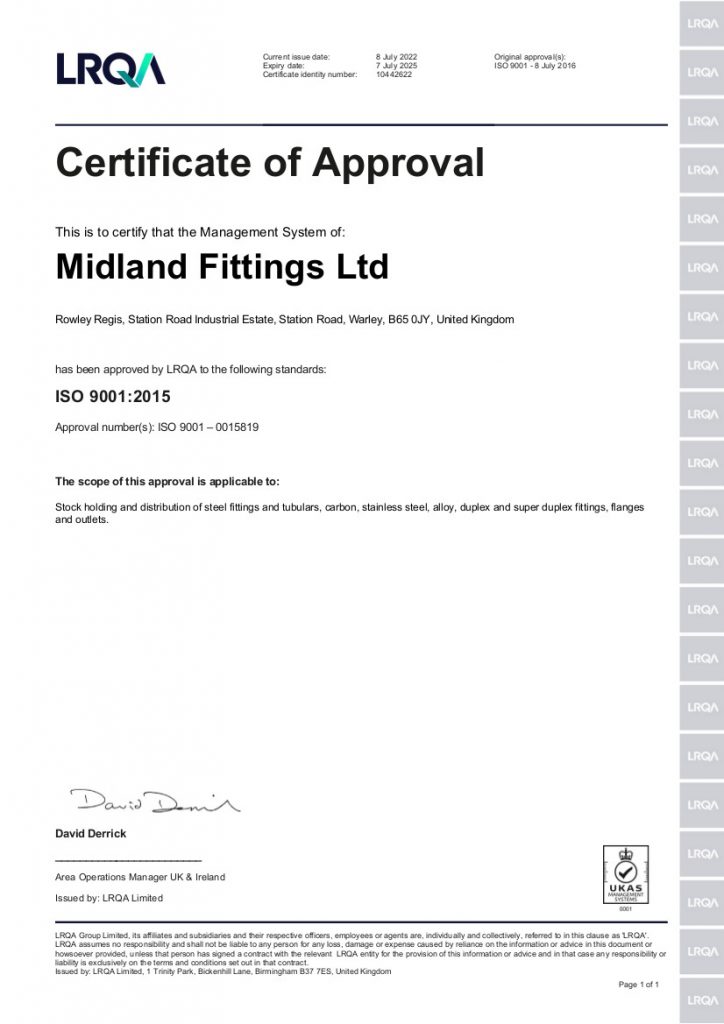 ISO 9001: 2015 Approval number 0015819 Certificate of Approval for Midland fittings ltd.